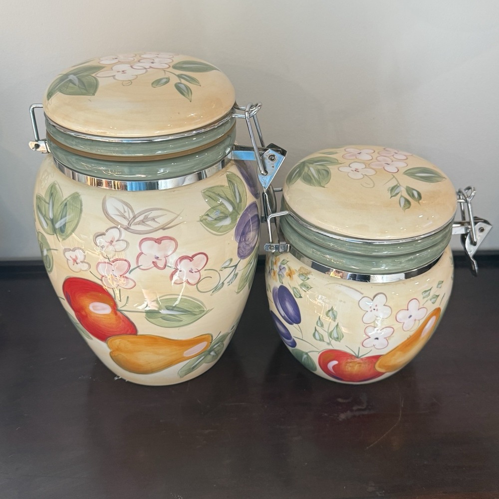 Vintage Gibson Designs Fruit Grove Ceramic Canister Set 2 Floral Fruit Cottage